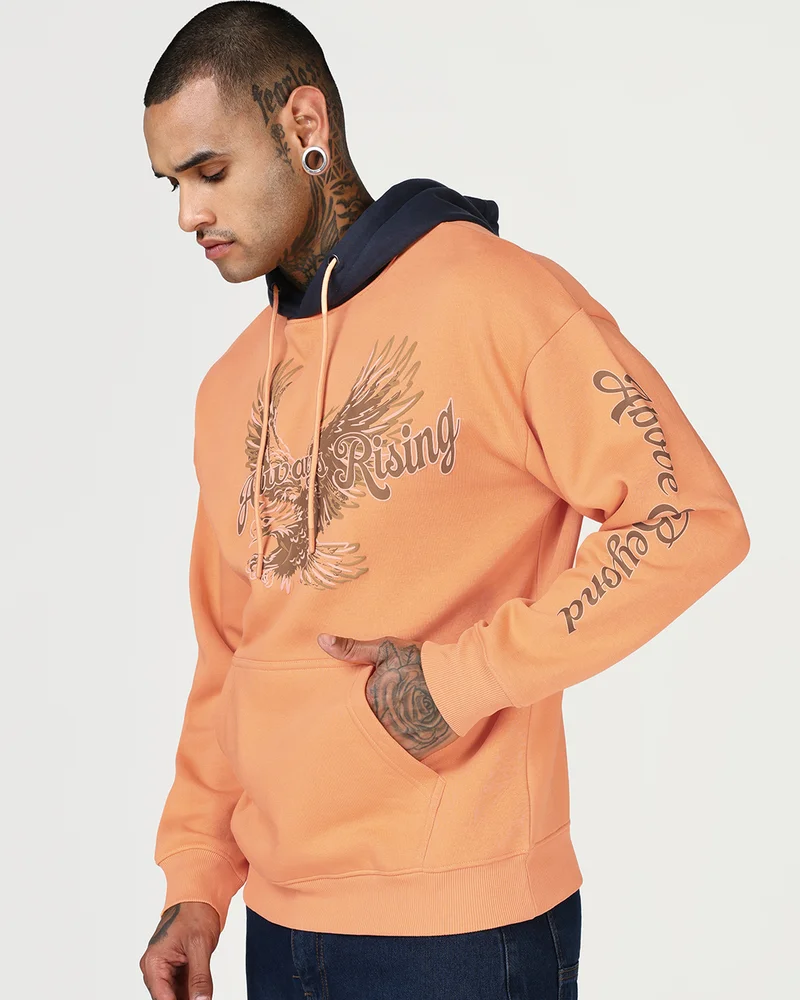 بيواكوف Men's Peach Cobbler & Navy Blue Graphic Printed Oversized Hoodies